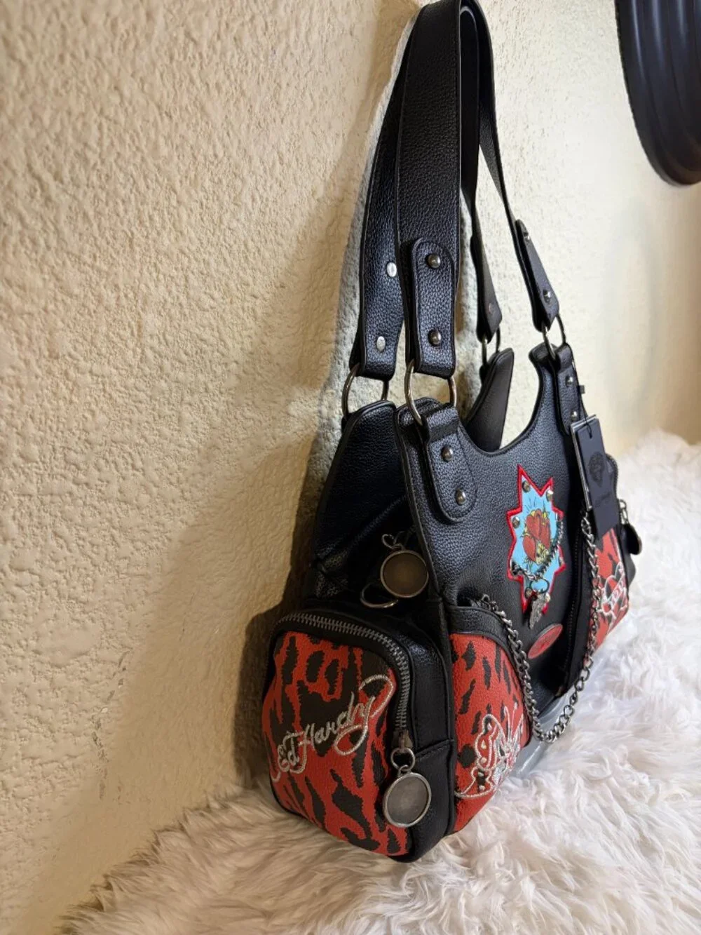 Ed Hardy Love Heart Tattoo Leopard Shoulder Satchel Purse Bag Black Red NWT
